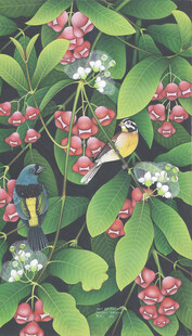 林间红果小鸟工笔画
