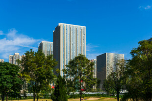 蓝天绿树映衬城市高楼