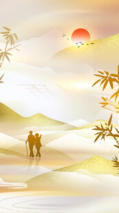 夕照山水行旅国风插画