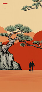国潮红墙古松意境插画