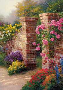 花园花墙唯美风景油画