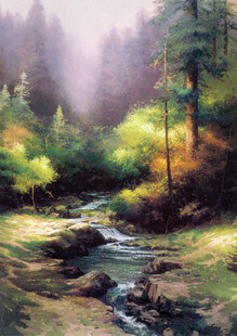 林间溪流风景油画
