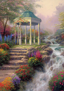 溪畔凉亭花园风景油画