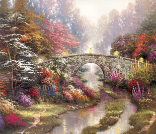 花园石拱桥风景油画
