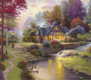 乡村溪边小屋风景油画
