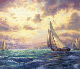 日落海面帆船航行油画