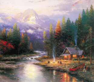 山林河畔小屋风景油画