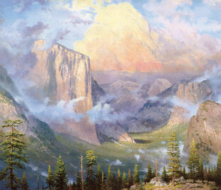 山巅晨光风景油画