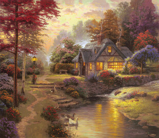 暖光乡村小屋风景油画