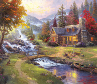 秋日溪畔木屋风景油画