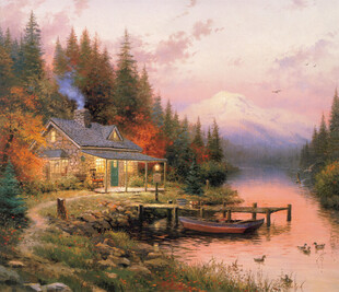 湖畔林间小屋风景油画