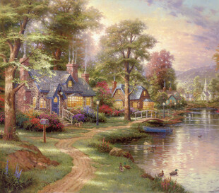 湖畔林间小屋风景油画