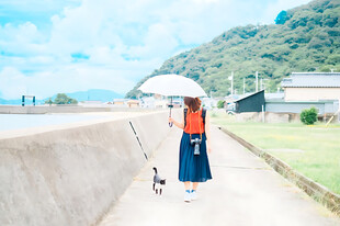 晴日海边遛狗的女子