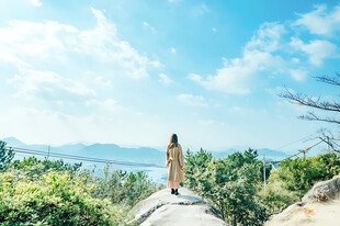 晴日海边远眺的女子