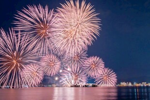 湖面夜空中的粉色烟花