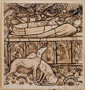 复古版画猎犬与石棺场景