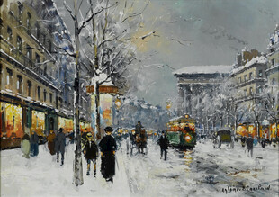 巴黎冬日雪景街景油画