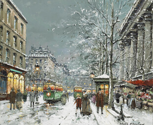 雪天欧式老城街景油画