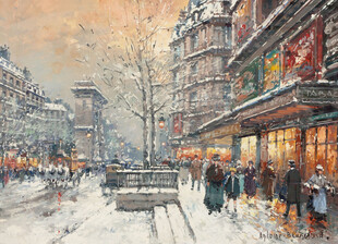 雪天欧式街景油画