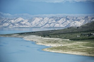 高原湖岸雪山风光