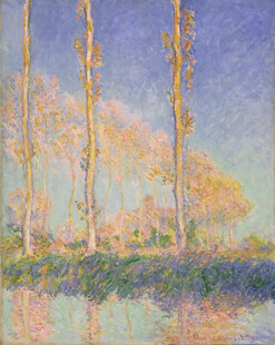 湖畔杨树风景油画