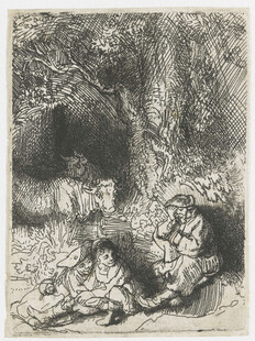 林间休憩人物素描版画