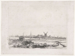 郊野风车复古风景版画