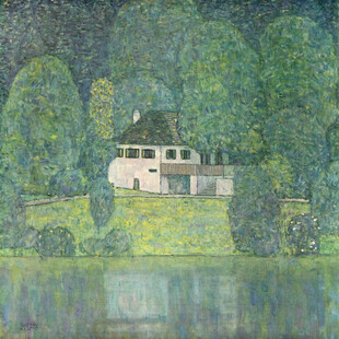 湖畔林间小屋风景油画