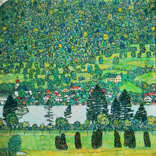 湖畔乡村风景油画