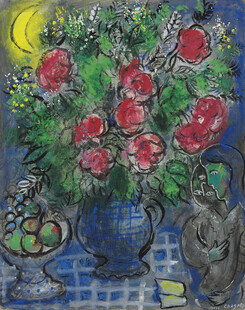 月夜红花静物油画