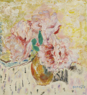 瓶中粉花静物油画
