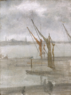 雾中港口风景油画