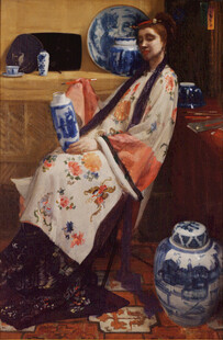 和服女子与青花瓷油画