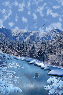 冬日河畔雪山雪景