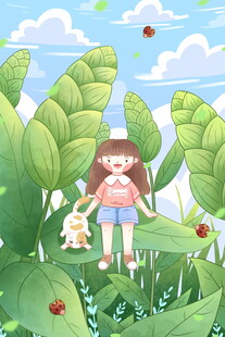 夏日绿植间小女孩插画