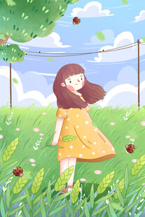春日草地少女插画