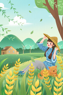 丰收麦田农作少女插画