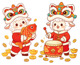 萌羊新春贺岁插画卡通人物
