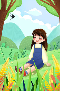 春日草地女孩插画