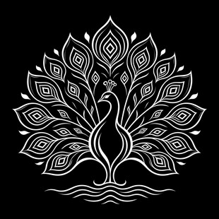 黑白线描开屏孔雀图案
