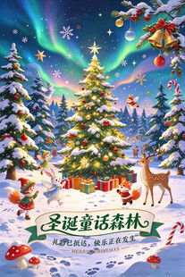 圣诞童话森林雪景插画