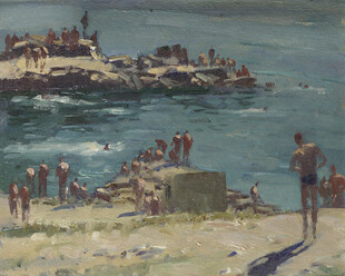 海滨浴场风景油画