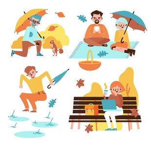 秋日雨天人物活动插画