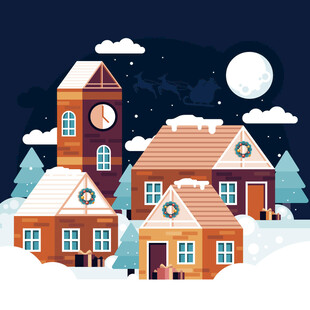 雪夜圣诞小镇插画
